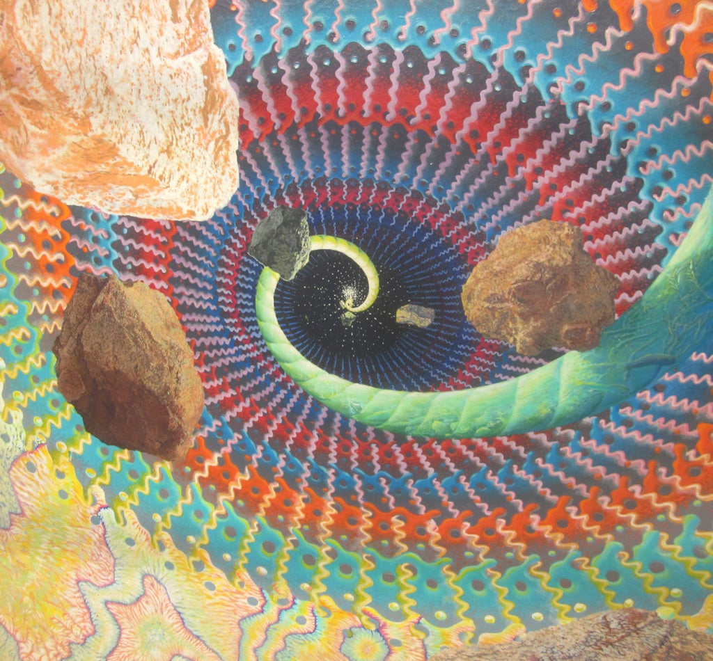 This is an amazing painting from San Francisco and the Psychedelic era of the early 70's.  Standing in front of this large, meticulously detailed work, you will be drawn into the vortex, spiraling in to the beginning of creation.  The rainbow of