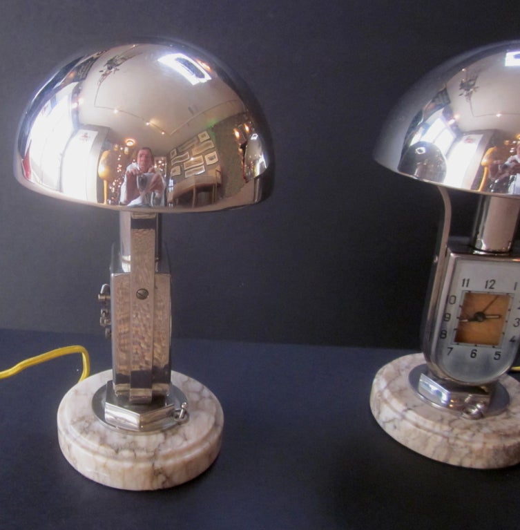 Chrome Pair of Art Deco Table Lamps / Clocks by Mofem