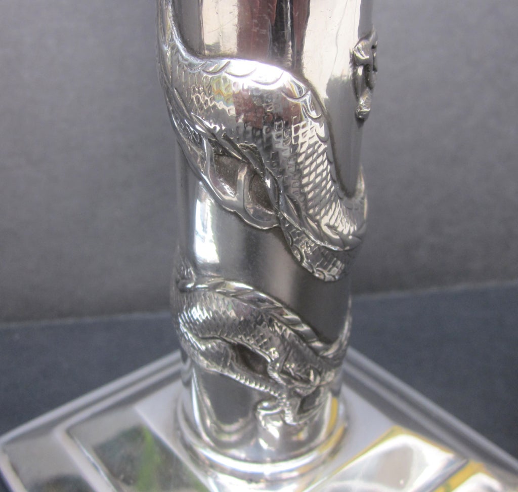 Sterling Silver Chinese Dragon Candlesticks In Excellent Condition In North Hollywood, CA