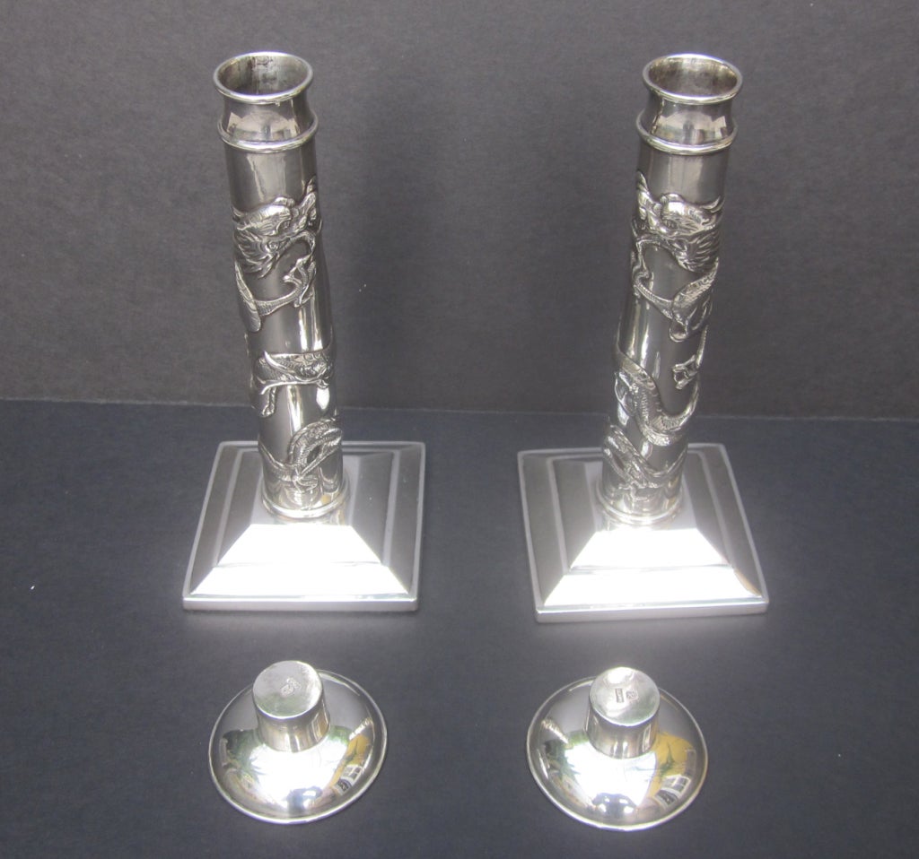 20th Century Sterling Silver Chinese Dragon Candlesticks