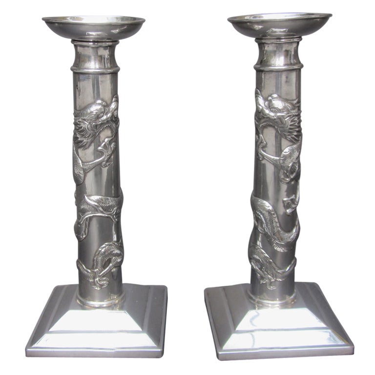 Sterling Silver Chinese Dragon Candlesticks