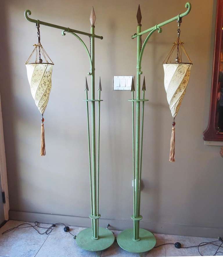Art Deco Painted Iron Floor Lamps with Fortuny Shades