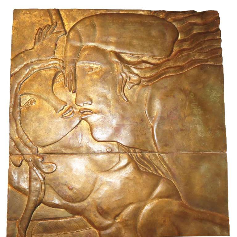 Created for an unknown 1930's ocean liner, the plaque depicts a very stylized pair of lovers in an embrace. The work is executed in three sections, and joined. The unfinished sides suggest it was most likely inset into a wall cavity. It does have