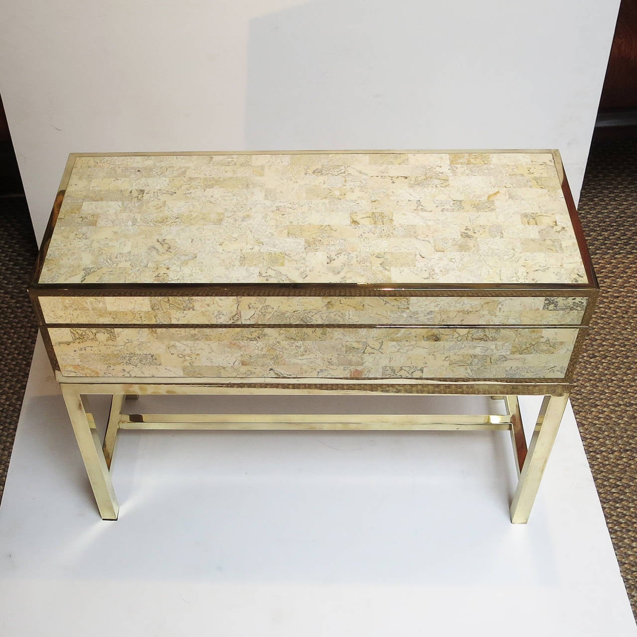 Mid-Century Modern Tessellated Stone and Brass Box Side Table by Maitland-Smith
