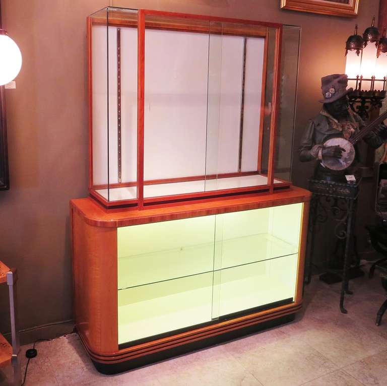 This lovely pair most likely graced an upscale boutique in 1930's Los Angeles. They combine the curved sensibilities of Donald Deskey or Gilbert Rohde, combined with the architectural leanings of Frank Lloyd Wright. The cases have been refinished a