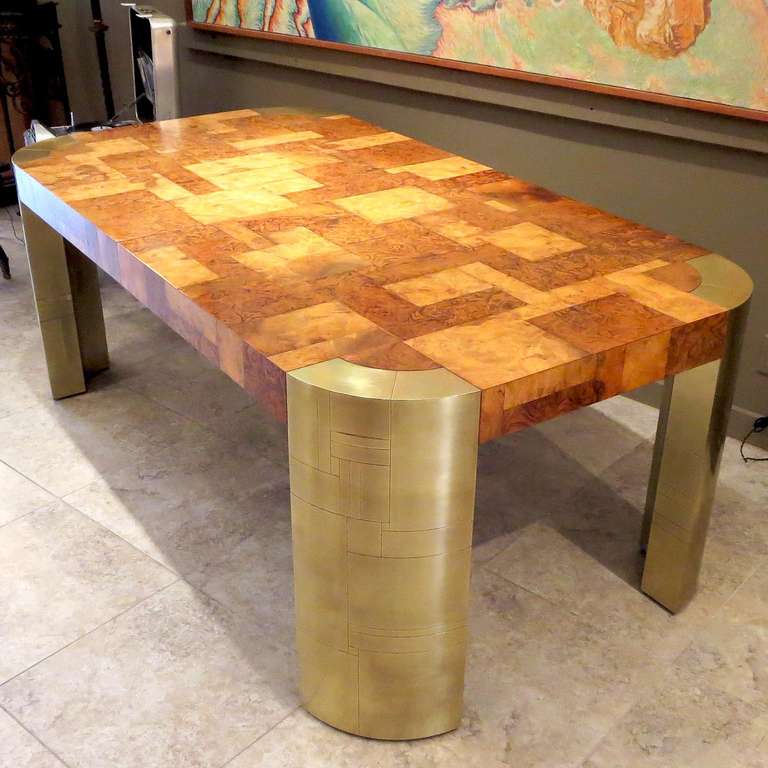 Mid-Century Modern Paul Evans Patchwork Burl and Brass Dining Table