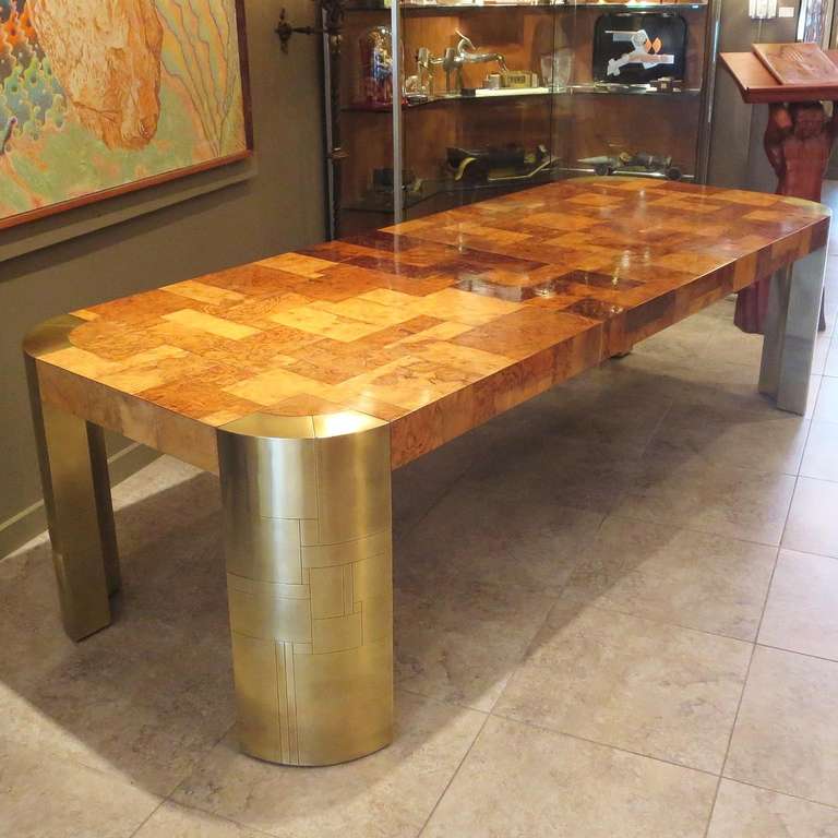 Paul Evans Patchwork Burl and Brass Dining Table In Good Condition In North Hollywood, CA