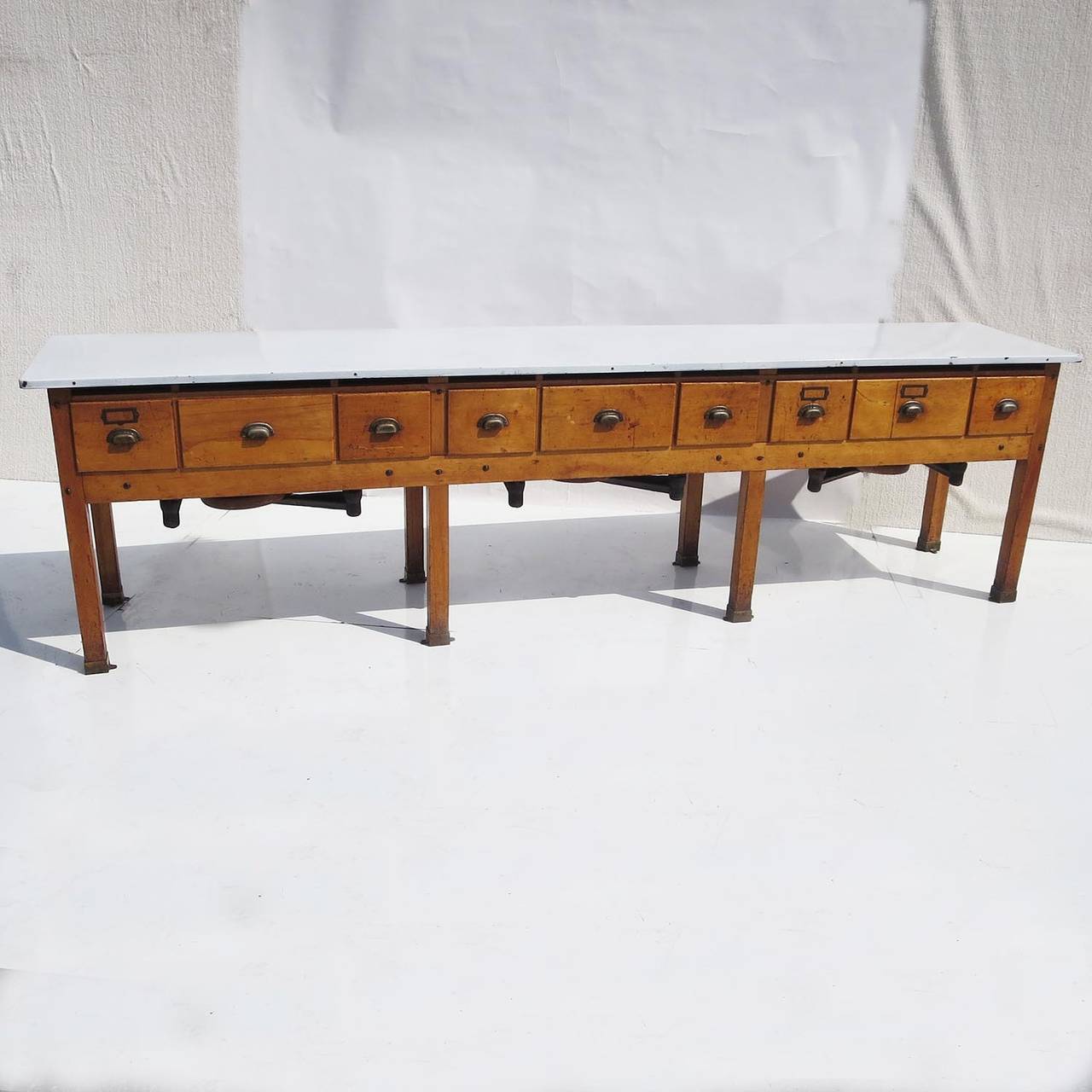 American Craftsman Early 20th Century Institutional Work Table with Pull-Out Seats