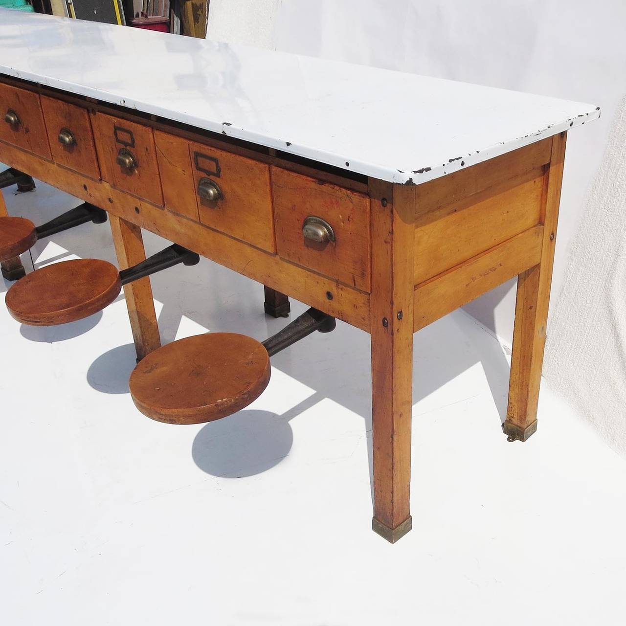 Early 20th Century Institutional Work Table With Pull Out Seats At American Early 20th Century Institutional Work Table With Pull Out Seats For