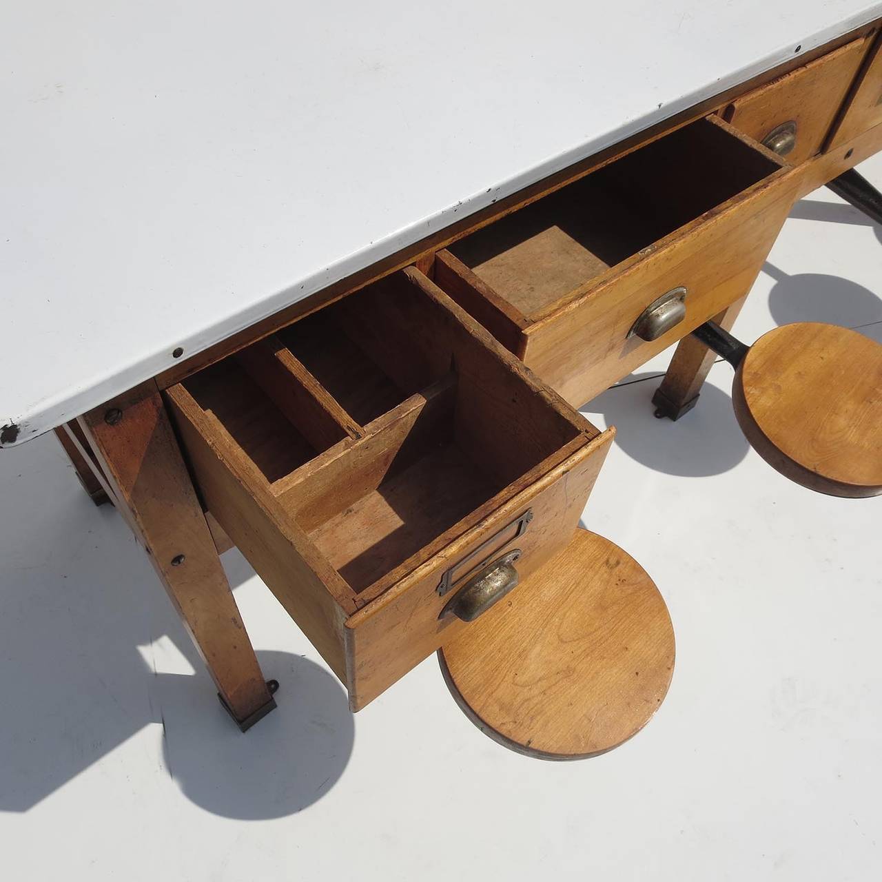 Early 20th Century Institutional Work Table with Pull-Out Seats In Good Condition In North Hollywood, CA