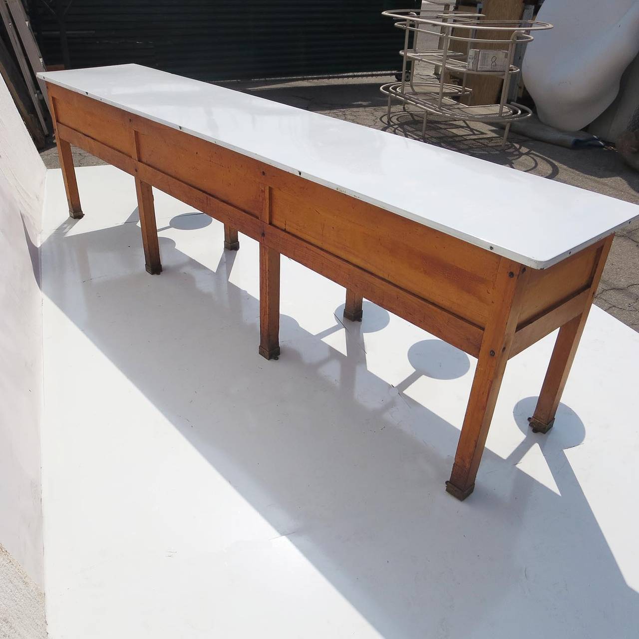 Early 20th Century Institutional Work Table with Pull-Out Seats 1