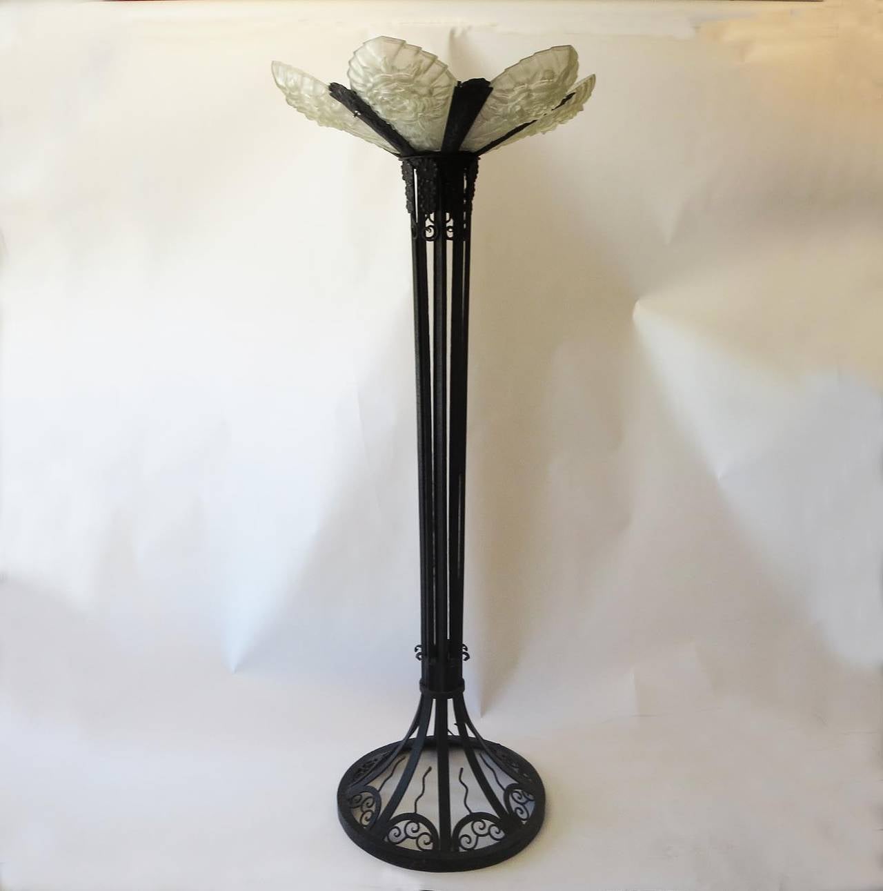 French Grand Art Deco Torcheres in Wrought Iron and Molded Glass