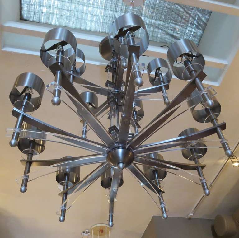 Mid-Century Modern Monumental Mid Century Chandelier in Lucite and Brushed Steel