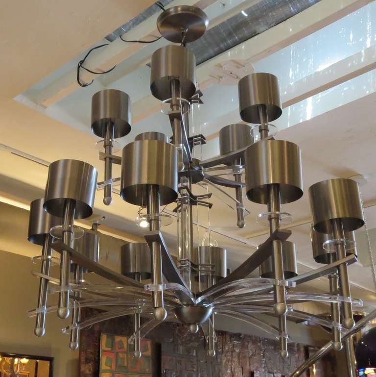 Monumental Mid Century Chandelier in Lucite and Brushed Steel 1