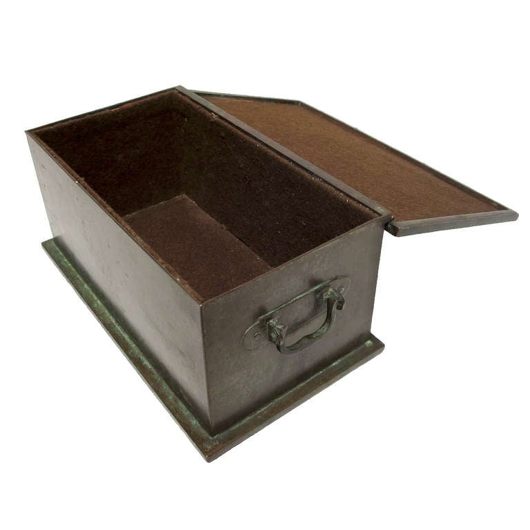 This lovely bronze and silver box was most likely used on a desk top for tobacco or cigars in its day. It will make the perfect trinket or jewelry box, or stand alone as a terrific decorative item. The box is well marked by the maker on the