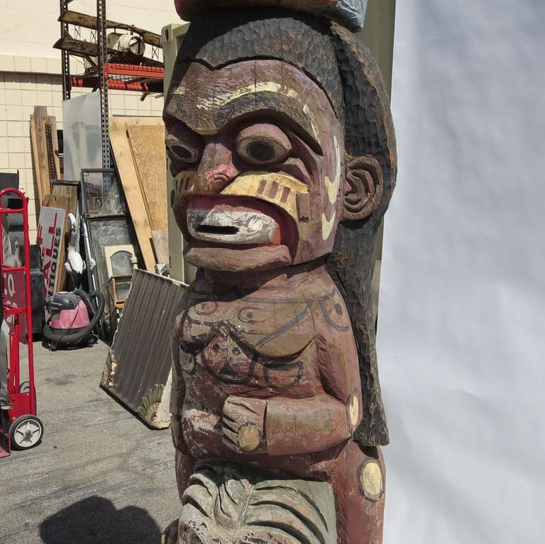 Primitive Monumental Pair of NW Pacific Totem Poles