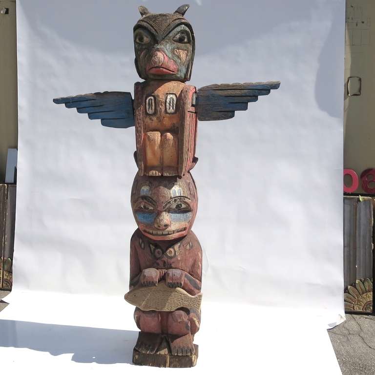 Monumental Pair of NW Pacific Totem Poles In Distressed Condition In North Hollywood, CA