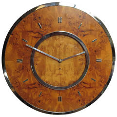 Burled Elm and Chrome Wall Clock by Raymor