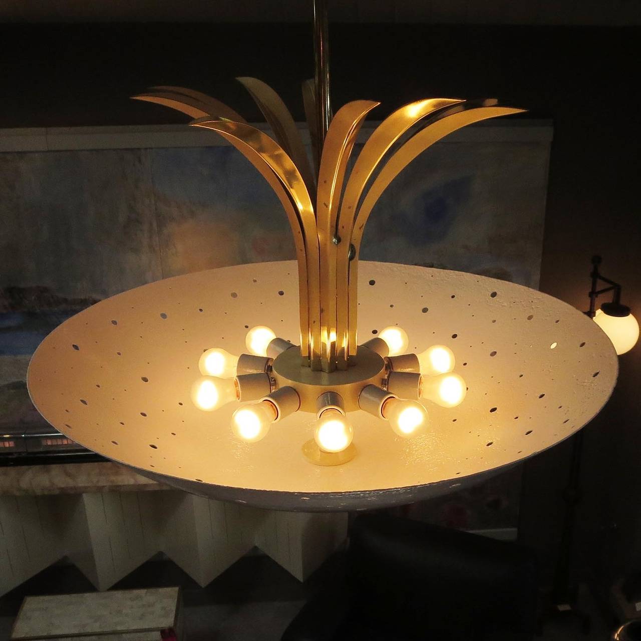 Mid-Century Modern Hanging Brass and Enameled Mid-Century Chandelier