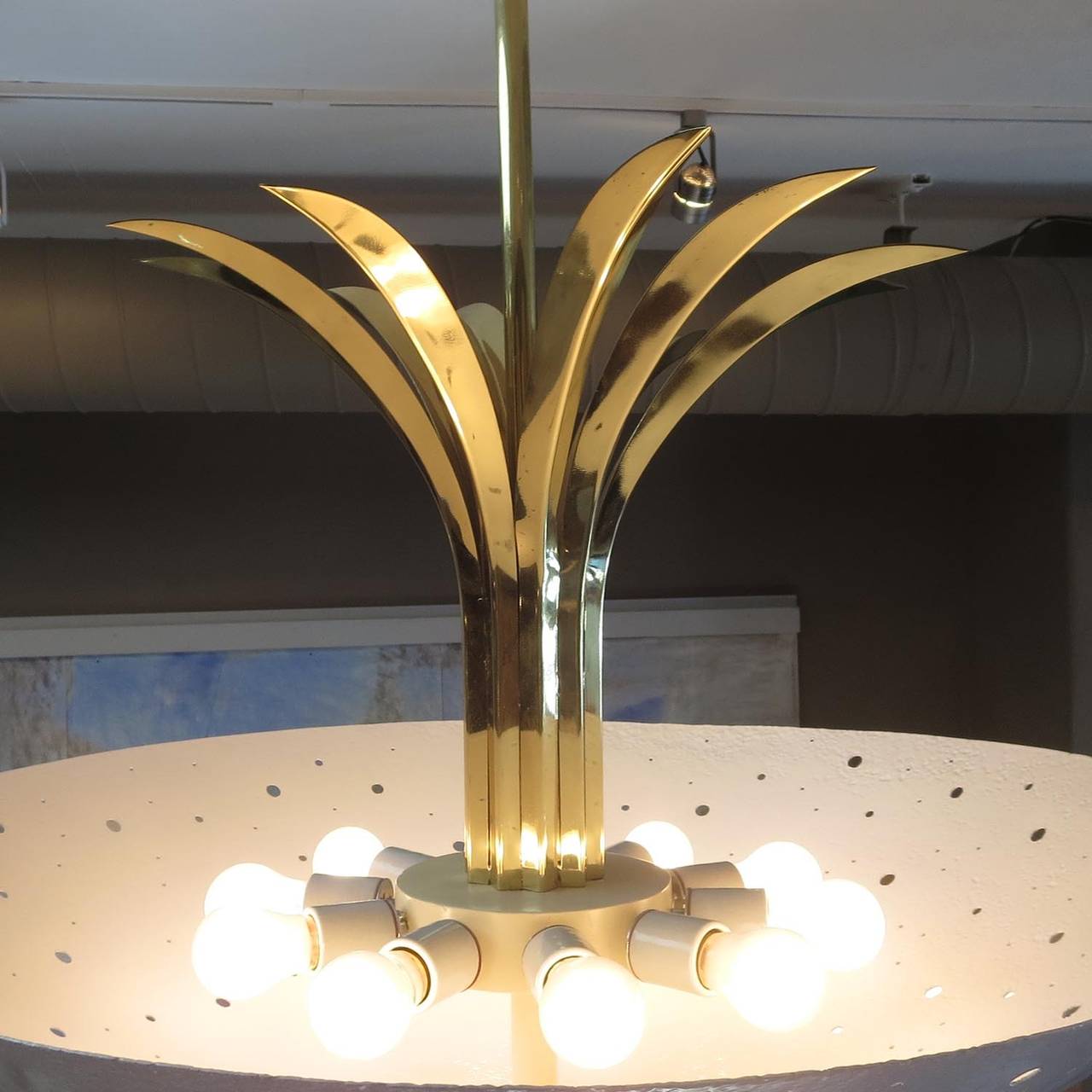 American Hanging Brass and Enameled Mid-Century Chandelier
