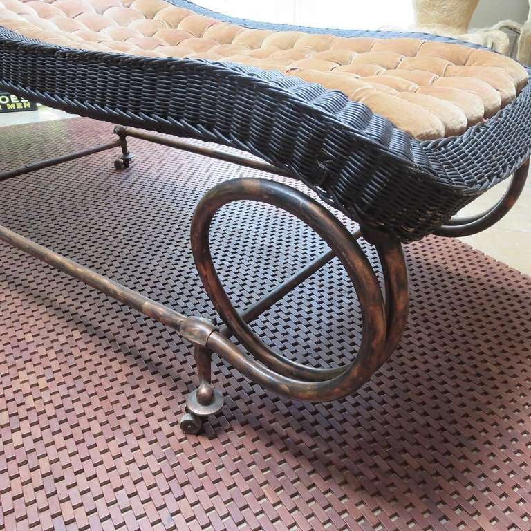 Victorian 1920s Chaise in Wicker, Velvet and Copper