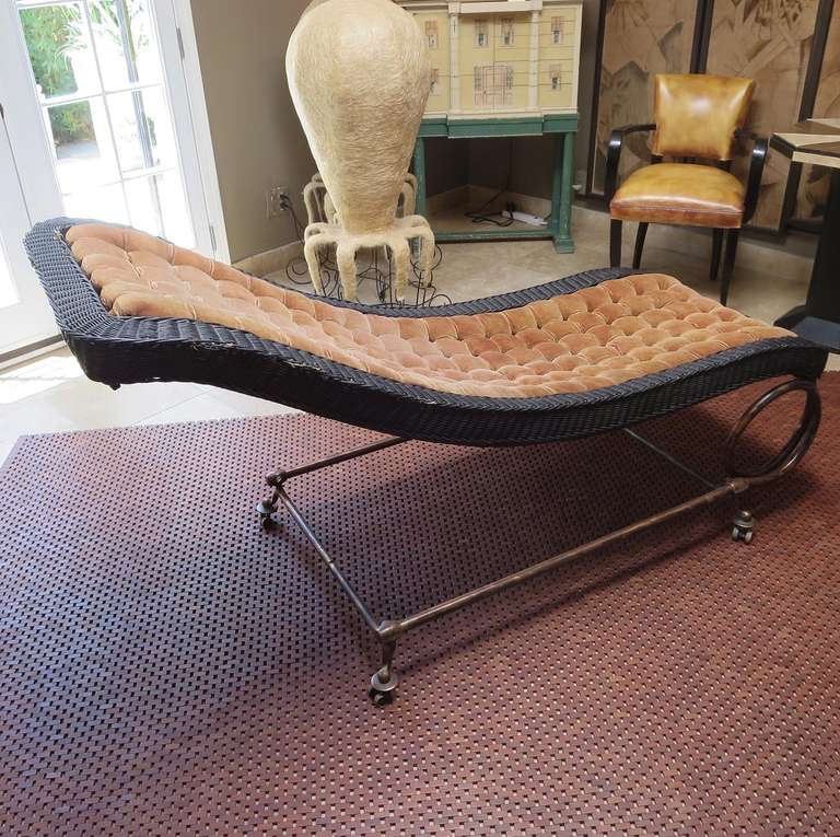1920s Chaise in Wicker, Velvet and Copper 1