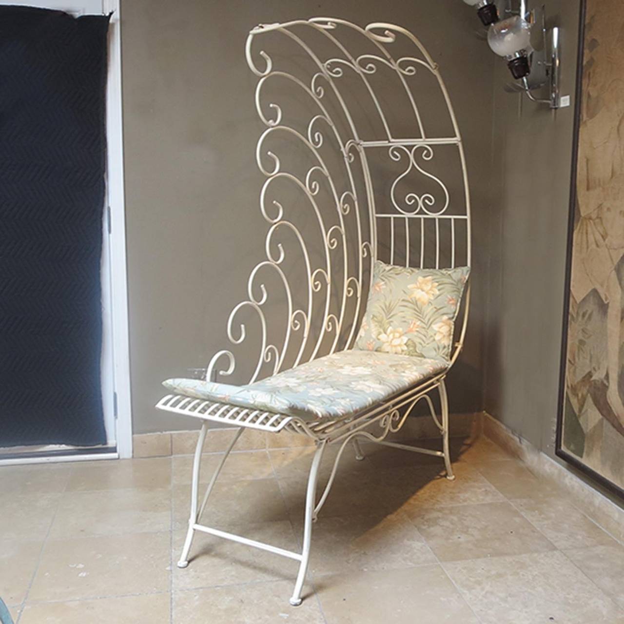 One of the more whimsical and charming chaises we have encountered! All tubes are painted aluminum, so the weight is not oppressive, and it can be easily moved. Newer floral foam cushions were made for it, which are included. This is so great