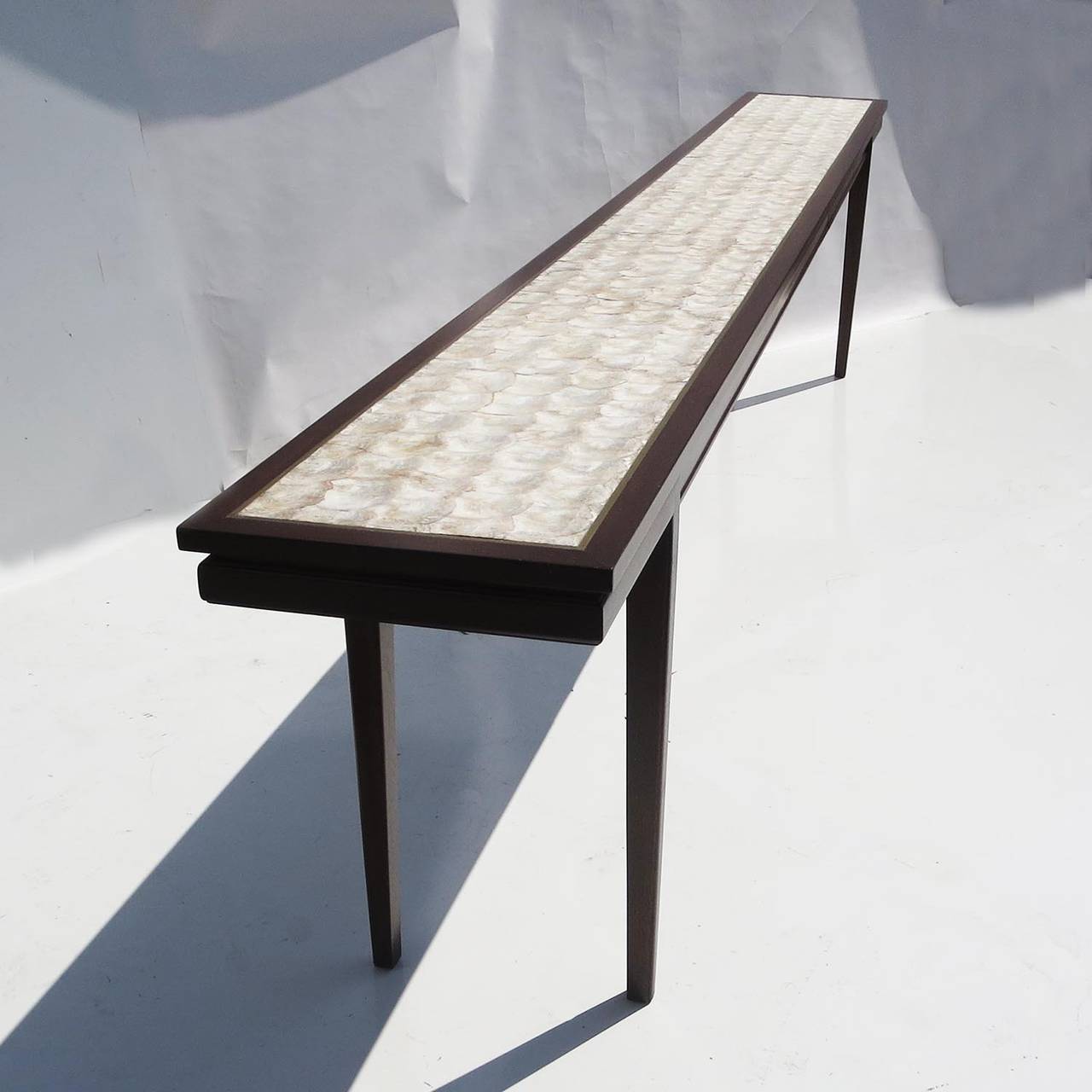 American Generously Scaled Mid-Century Console Table with Capiz Shell Top