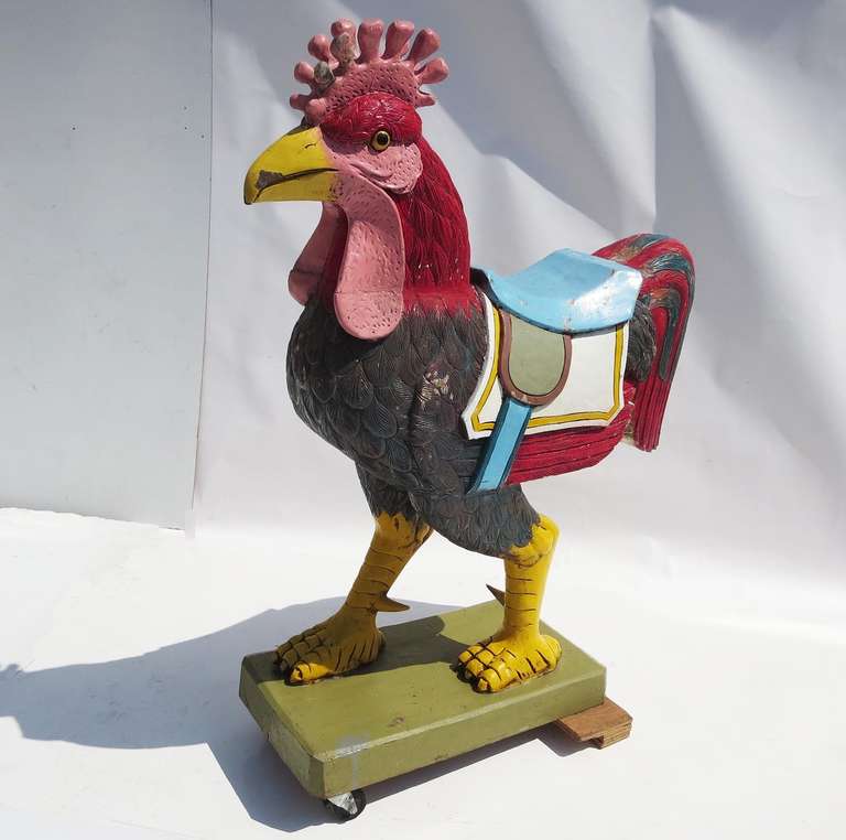 Primitive Carved and Painted Wooden Carousel Rooster