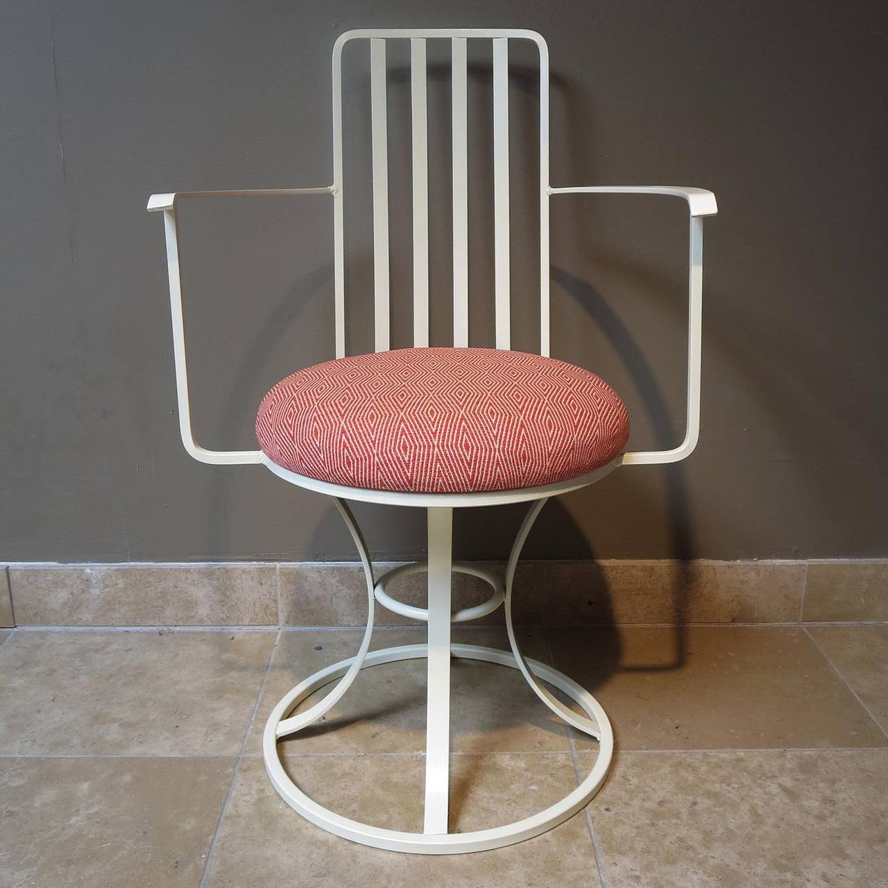 A lovely set of patio chairs in wonderful condition. We have had the chairs stripped and refinished, and new outdoor upholstery added. They display beautifully, and should enhance any outdoor setting.