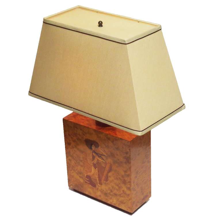 Silk Inlaid Burl Table Lamp by Andrew Szoeke, 1950s
