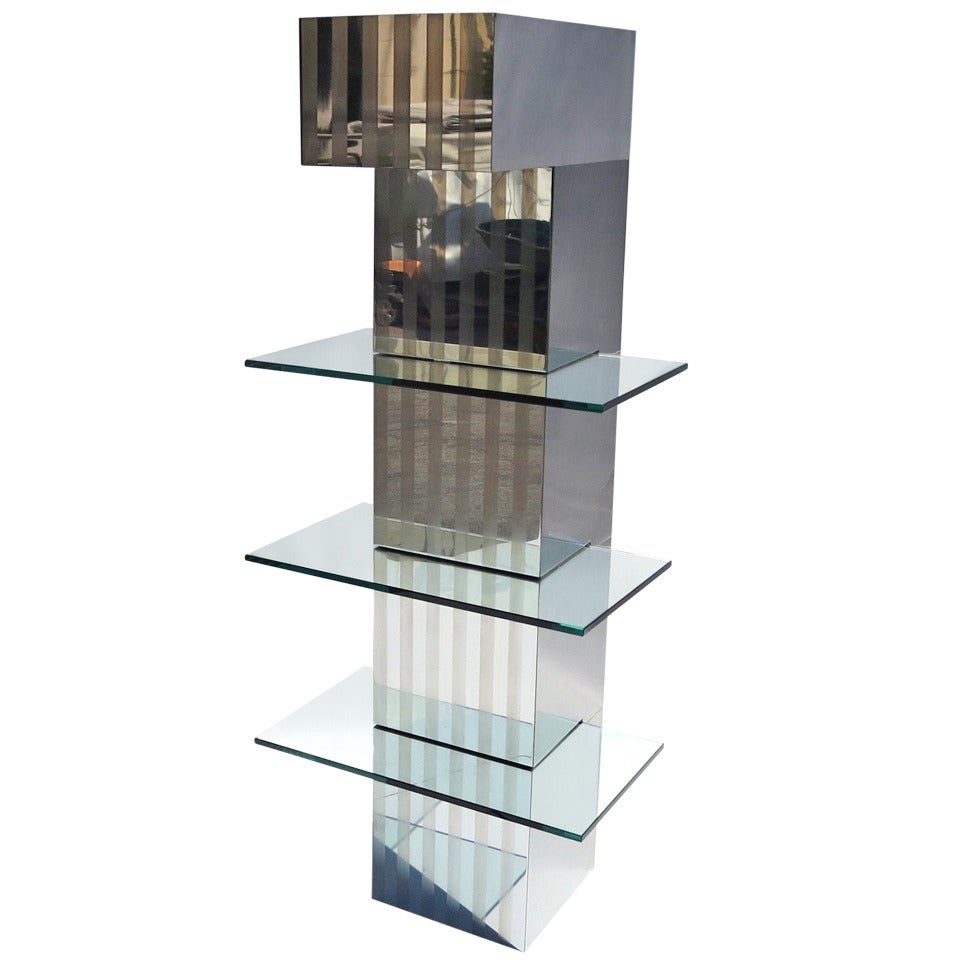 Mirrored Steel and Glass Lighted Hanging Display Unit For Sale
