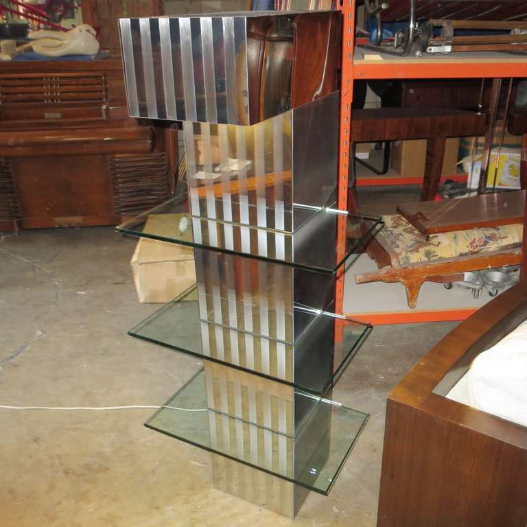 Mid-Century Modern Mirrored Steel and Glass Lighted Hanging Display Unit For Sale