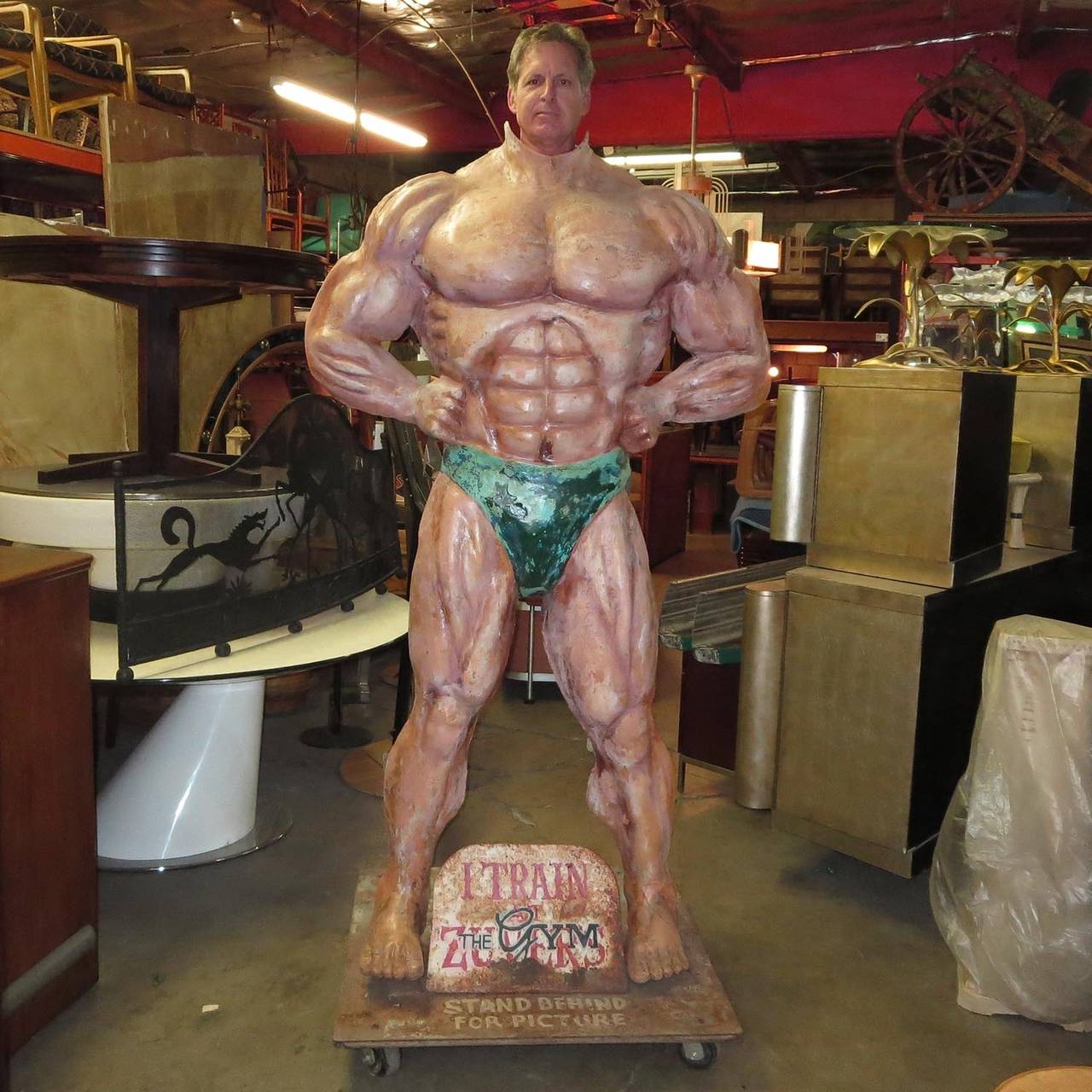 Mid-20th Century Standing Photo Op Painted Fiberglass Muscle Man Sidewalk Display