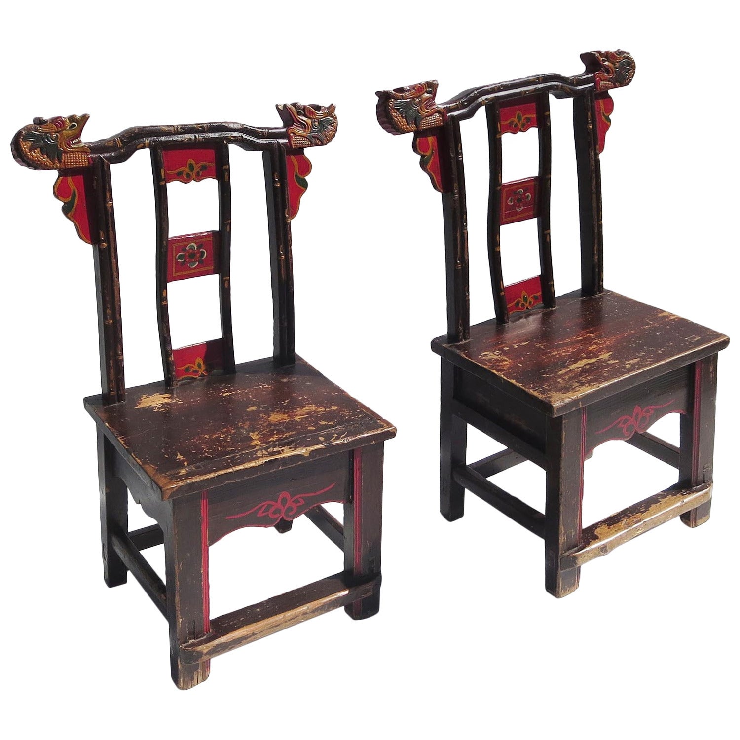 Charming Carved and Painted Asian Dragon Chairs For Sale
