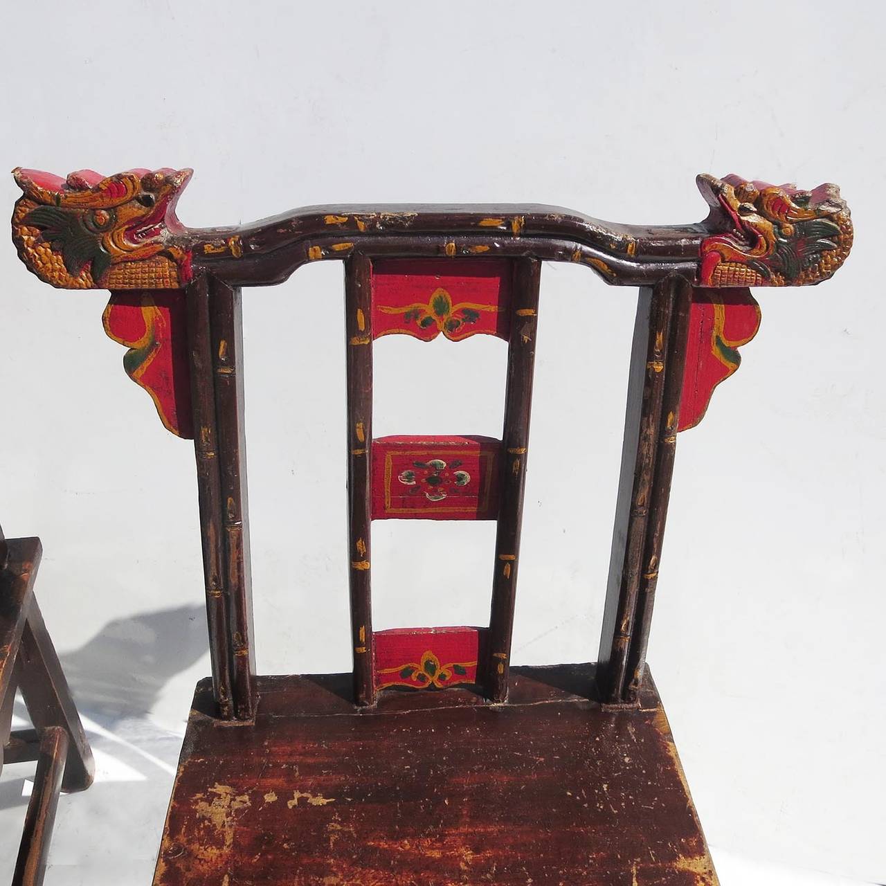 Chinese Charming Carved and Painted Asian Dragon Chairs For Sale