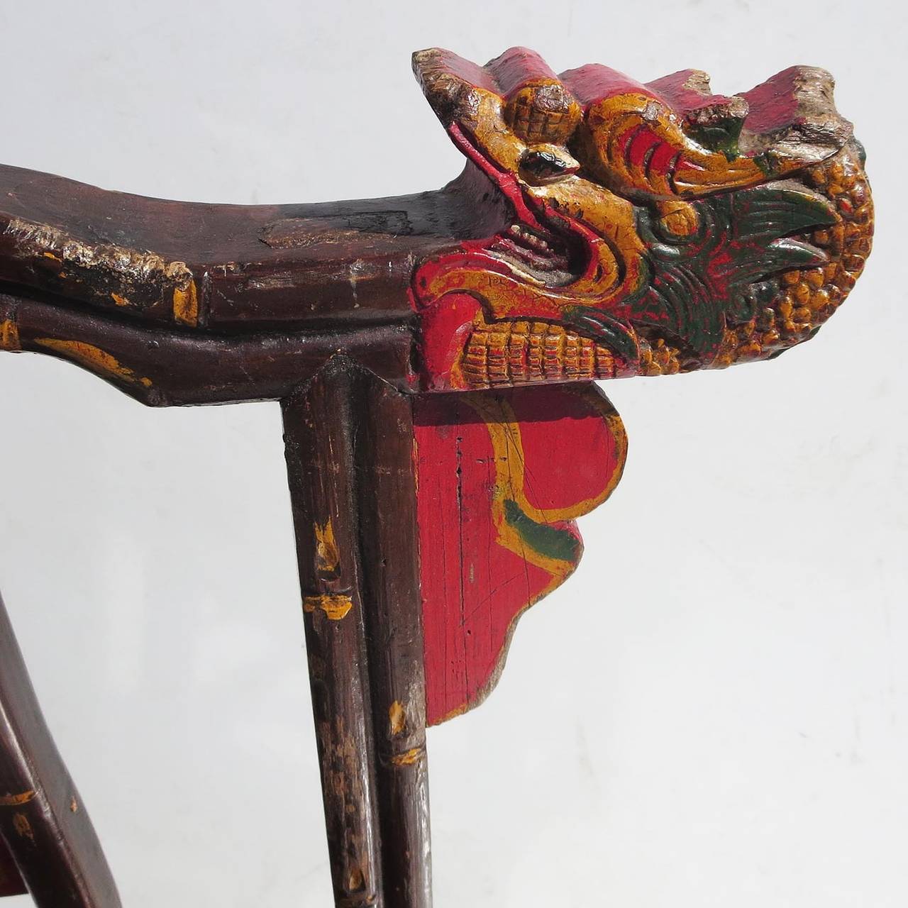 Charming Carved and Painted Asian Dragon Chairs In Fair Condition For Sale In North Hollywood, CA