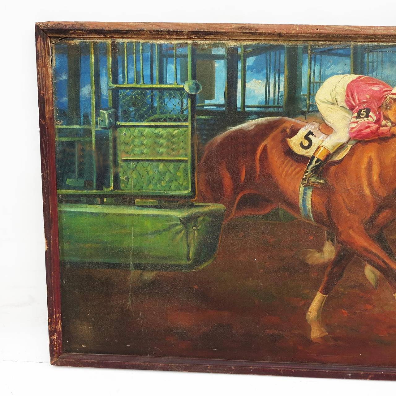A fantastic stylized oil painting by American artist Anthony J. Cucchi. The painting is oil on board, in an original wooden frame. We have two racing theme paintings by the same artist, and a discounted package price can be had for the pair.