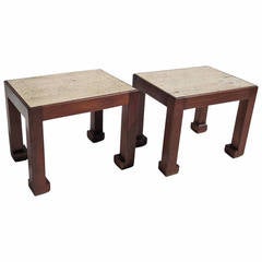 Midcentury, Travertine and Walnut End Tables by A. Liardet