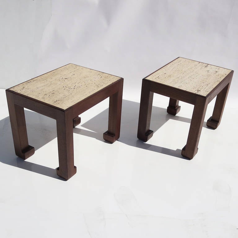 Mid-Century Modern Midcentury, Travertine and Walnut End Tables by A. Liardet