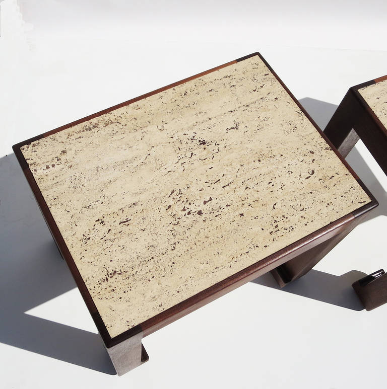 Unknown Midcentury, Travertine and Walnut End Tables by A. Liardet