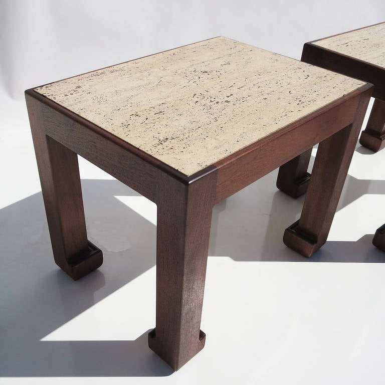 Midcentury, Travertine and Walnut End Tables by A. Liardet In Excellent Condition In North Hollywood, CA