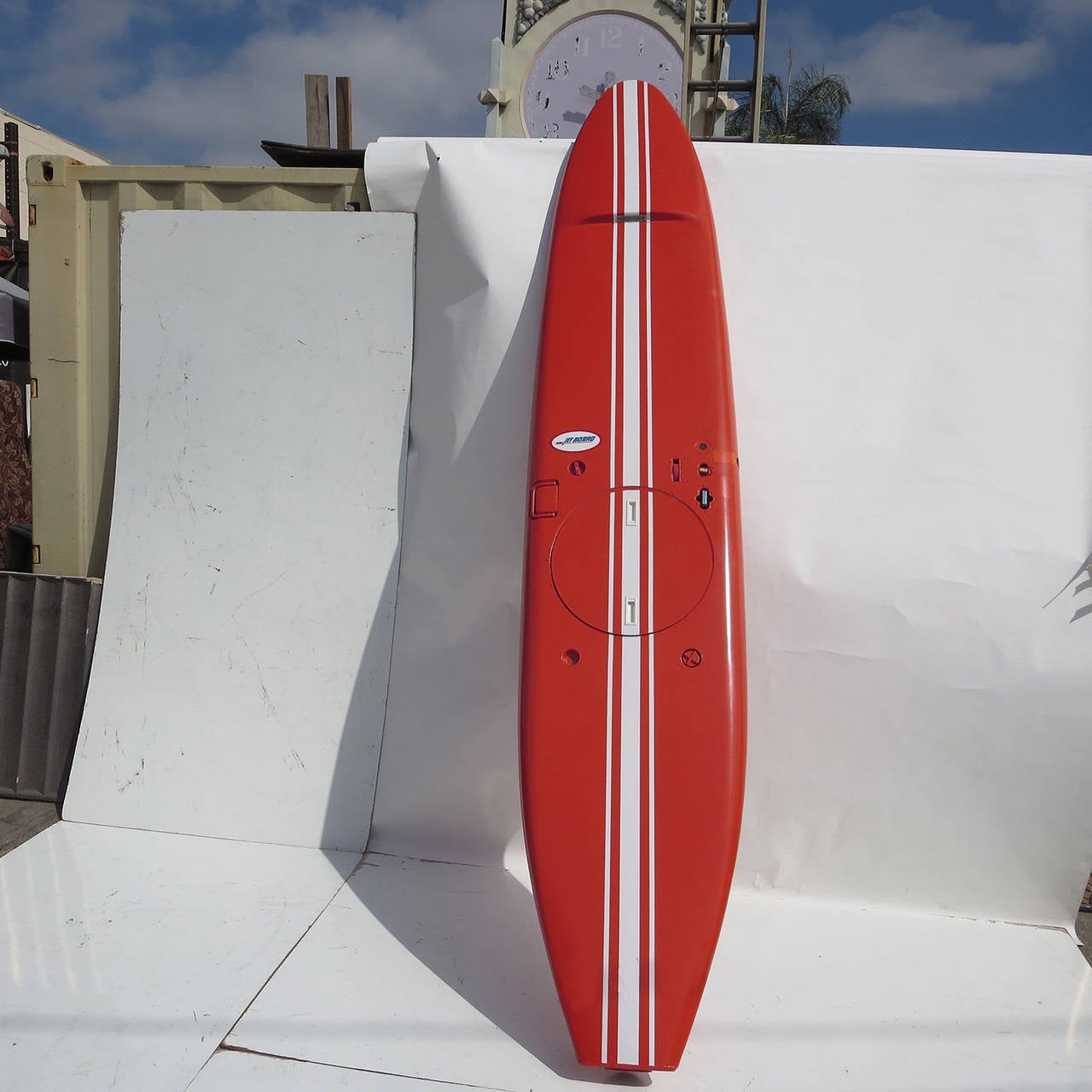 Produced from 1965 to 1968, the jet board was the design of a former Boeing Aviation engineer. The aluminum surfboard is powered by a 6.25 horsepower Tecumsuh engine and jet propulsion system. Air is vented through the front of the board and