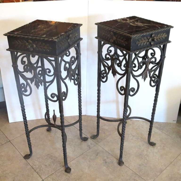 Pair of Gothic Wrought Iron and Marble Pedestals at 1stdibs