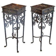 Pair of Gothic Wrought Iron and Marble Pedestals