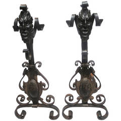Devil Face Andirons Executed in Wrought Iron