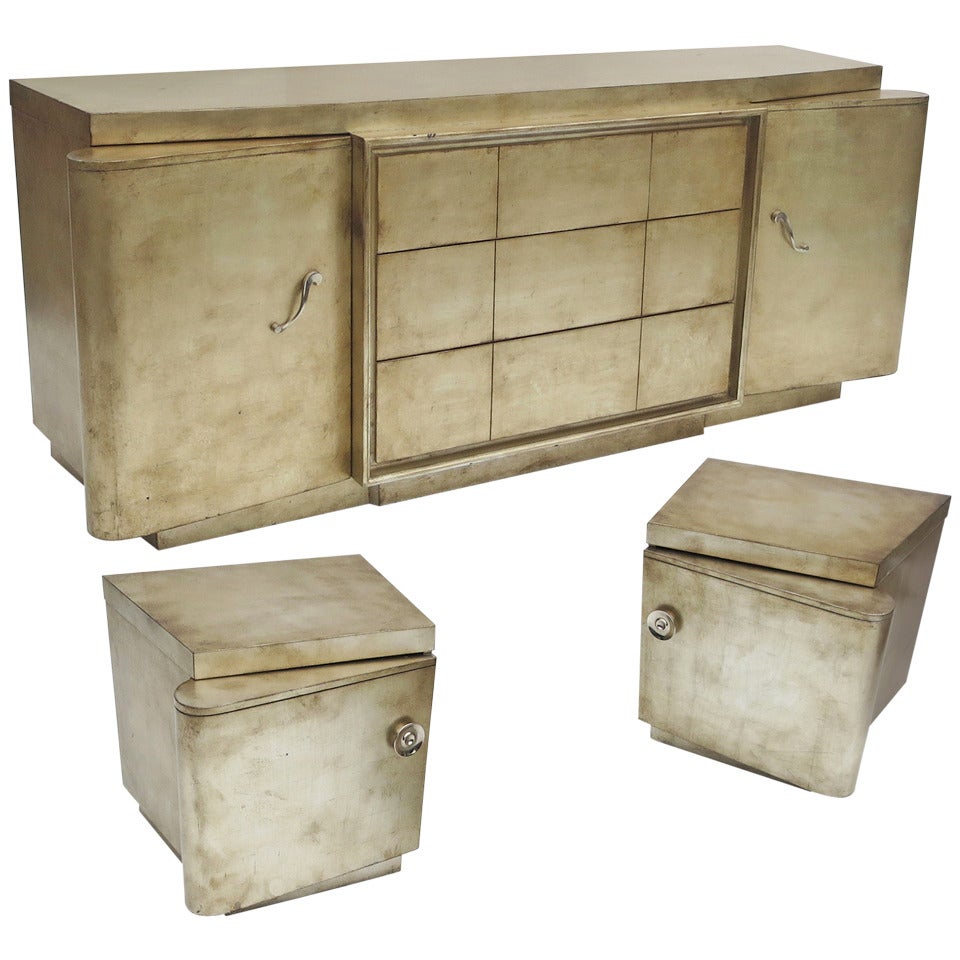 Silver Leafed Mid Century Bedroom Set in the Manner of James Mont
