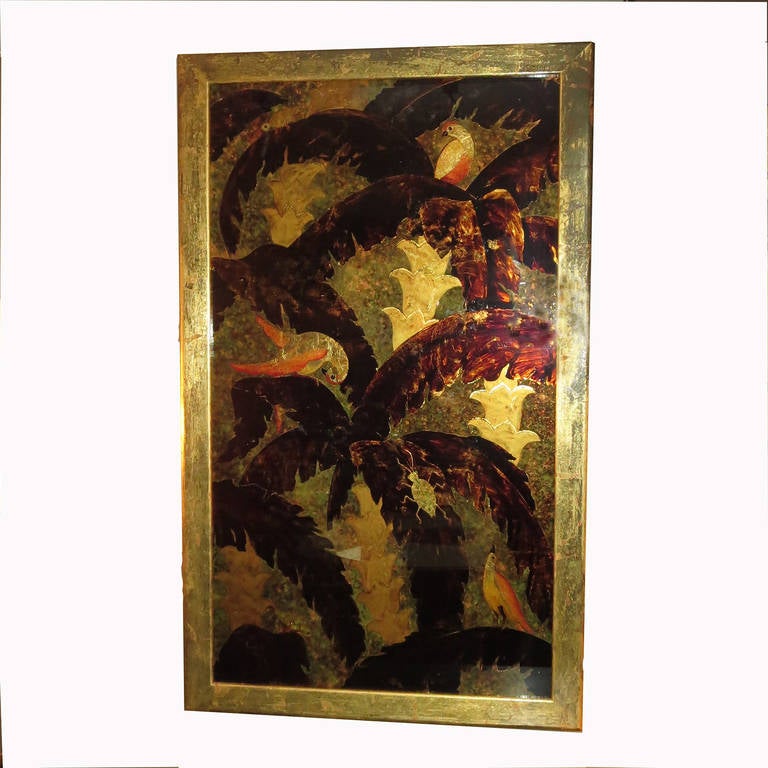 A beautiful work depicting a nature scene of birds and insects, reverse finished on glass. The work is a combination of paints and gold leafing, and set into a gold leafed wooden frame. The reverse side is pen marked, 