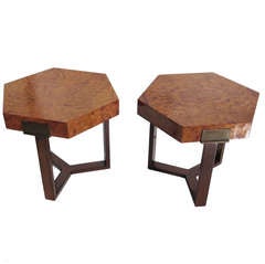 French Art Deco Burled Wood and Bronze Side Tables