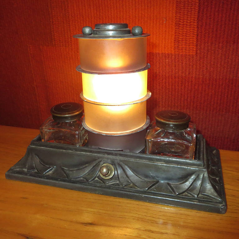Art Deco Table Lamp with Inkwells In Good Condition In North Hollywood, CA